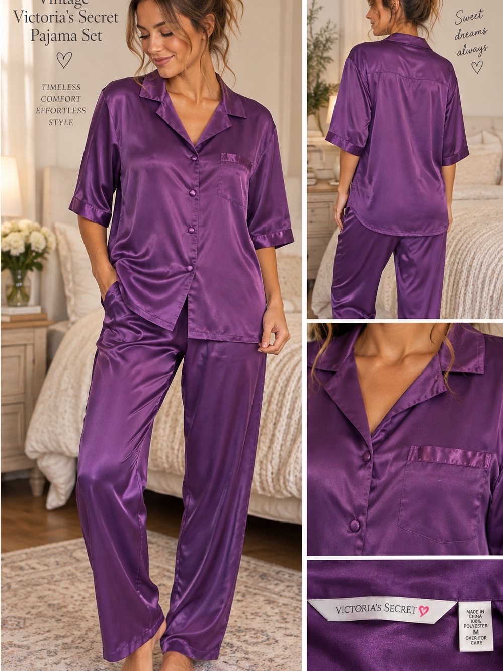 Vintage Y2K Victoria's Secret Purple Satin Pajama Set for Women1162CL